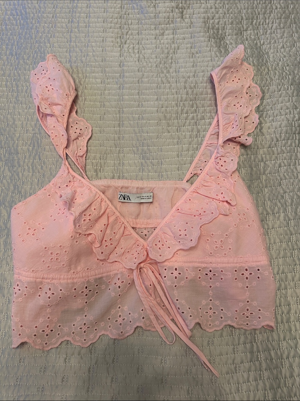 Zara Pastel Pink Eyelet Ruffle Tie-Front Crop Top